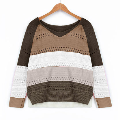 Women's knitted sweater with V-neck and delicate openwork patterns NOVAE