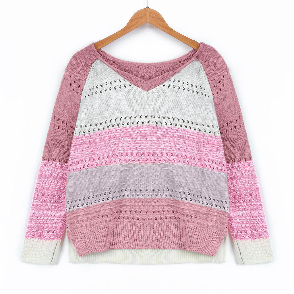 Women's knitted sweater with V-neck and delicate openwork patterns NOVAE