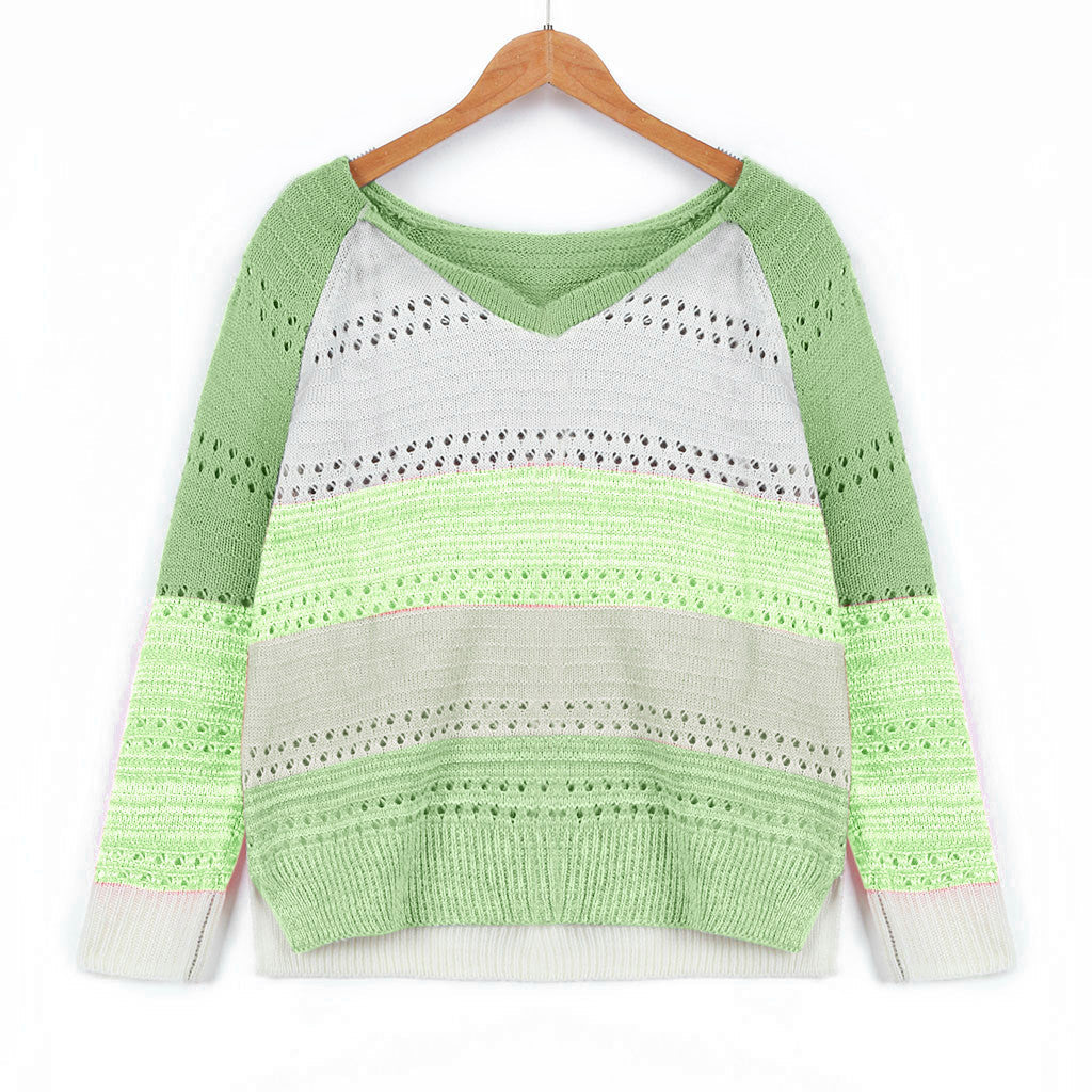 Women's knitted sweater with V-neck and delicate openwork patterns NOVAE