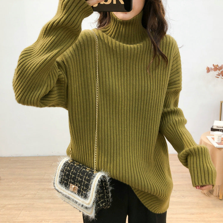 Women's chunky knit sweater with high collar and fine rib texture NOVAE