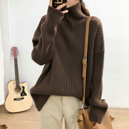 Women's chunky knit sweater with high collar and fine rib texture NOVAE