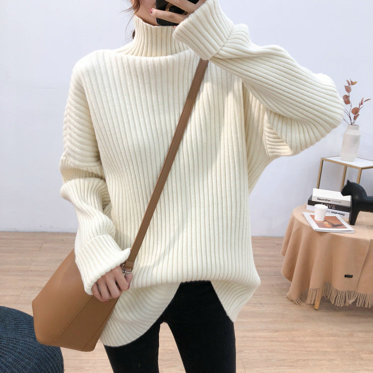 Women's chunky knit sweater with high collar and fine rib texture NOVAE