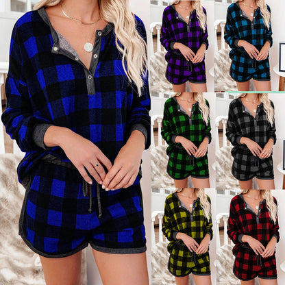 Women's Cozy Checkered Lounge Set with Short-Sleeved Top and Shorts NOVAE