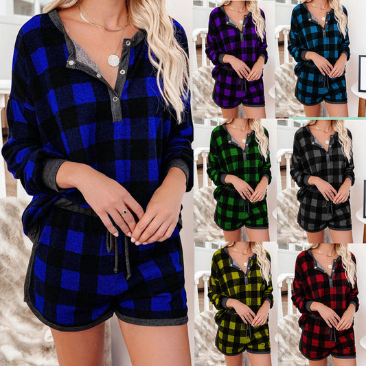 Women's Cozy Checkered Lounge Set with Short-Sleeved Top and Shorts NOVAE