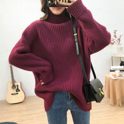 Women's chunky knit sweater with high collar and fine rib texture NOVAE