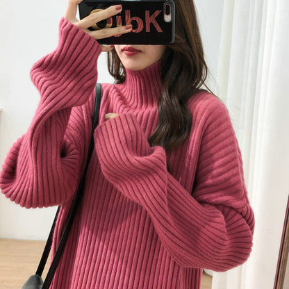 Women's chunky knit sweater with high collar and fine rib texture NOVAE
