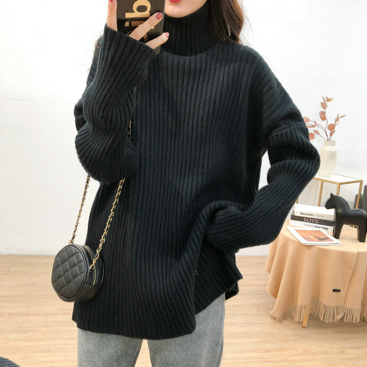 Women's chunky knit sweater with high collar and fine rib texture NOVAE