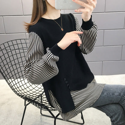 Women's layered sweatshirt with striped sleeves and button details NOVAE
