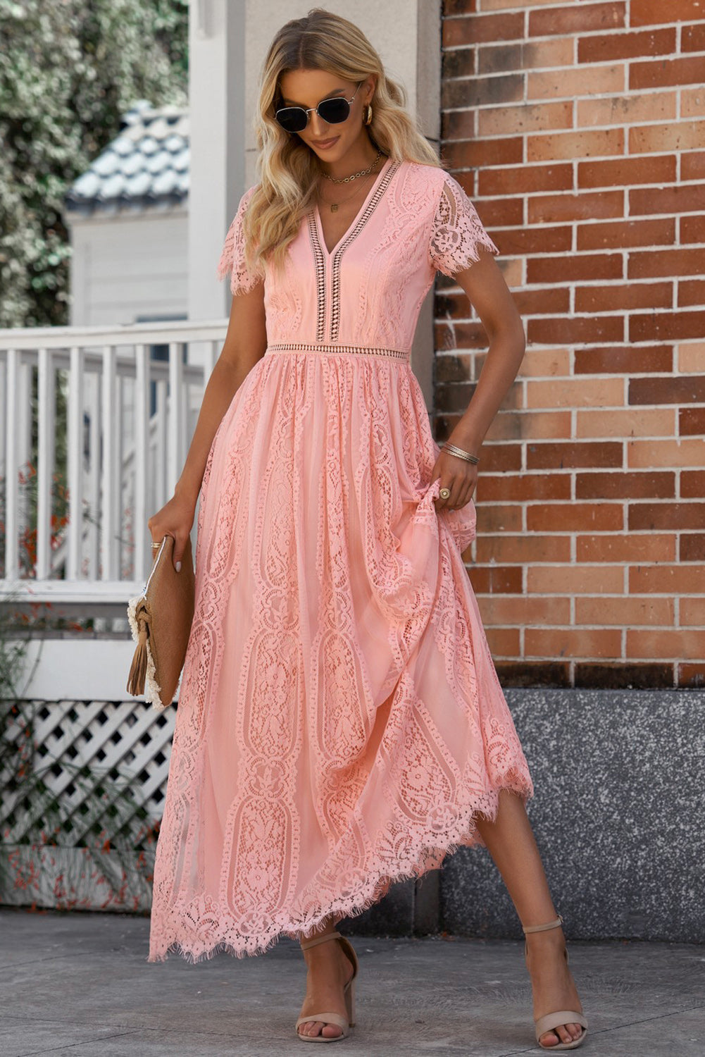 NOVAE | Lace Plunge Dress with Wavy Hem