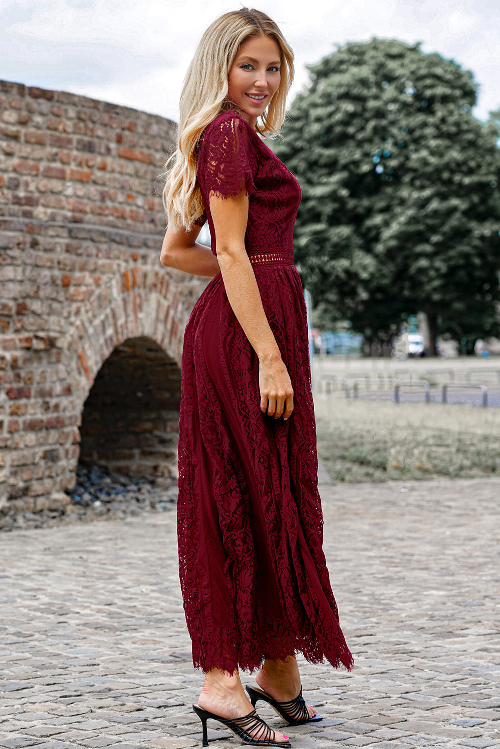 NOVAE | Lace Plunge Dress with Wavy Hem