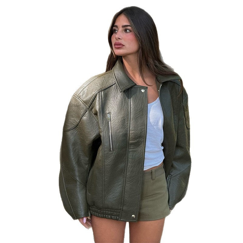 Women's leather jacket with a casual oversized cut NOVAE