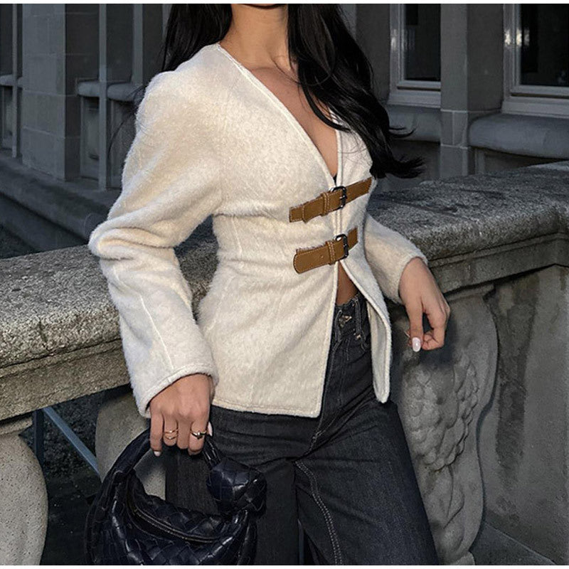 Women's elegant teddy jacket with decorative buckles NOVAE