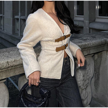 Women's elegant teddy jacket with decorative buckles NOVAE