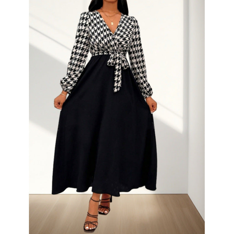 Women's maxi dress with crossover closure and elegant houndstooth pattern NOVAE