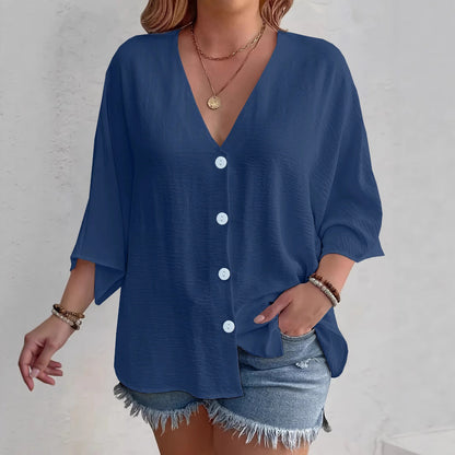 Women's flattering short-sleeved blouse with button placket and V-neck NOVAE