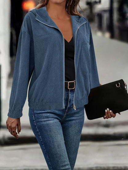 Women's cropped hooded jacket made of high-quality corduroy fabric with practical pockets and elastic cuffs NOVAE