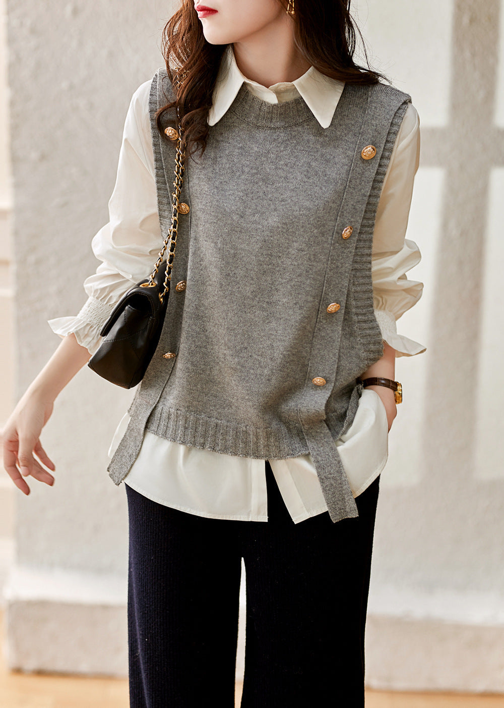 Women's knitted vest with button closures and side ties NOVAE