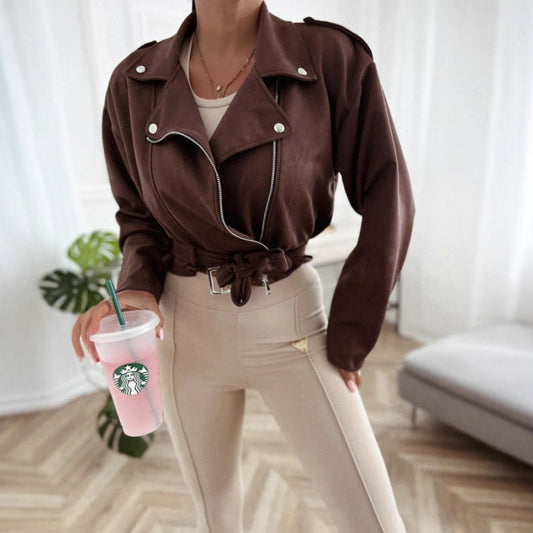 Women's biker jacket made of high-quality imitation suede with a tailored cut and side zippers NOVAE