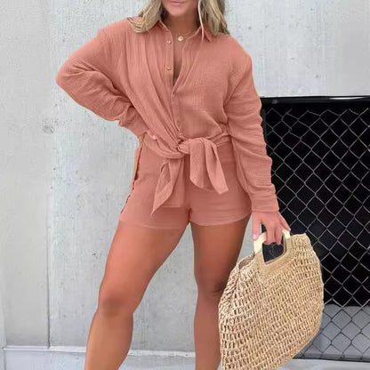 Women's casual crepe blouse and shorts set with adjustable belt NOVAE