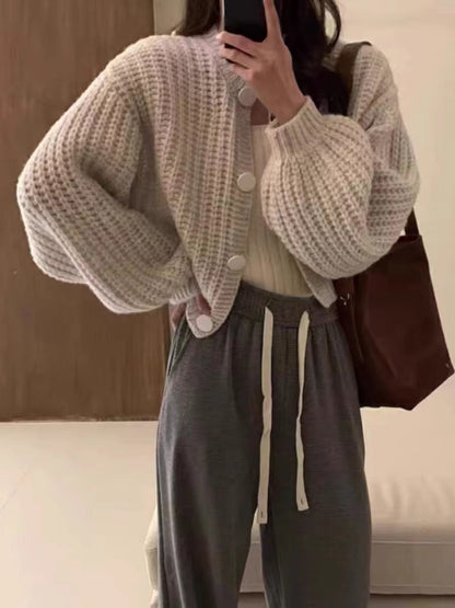 Women's chunky knit cardigan with voluminous sleeves and large buttons NOVAE