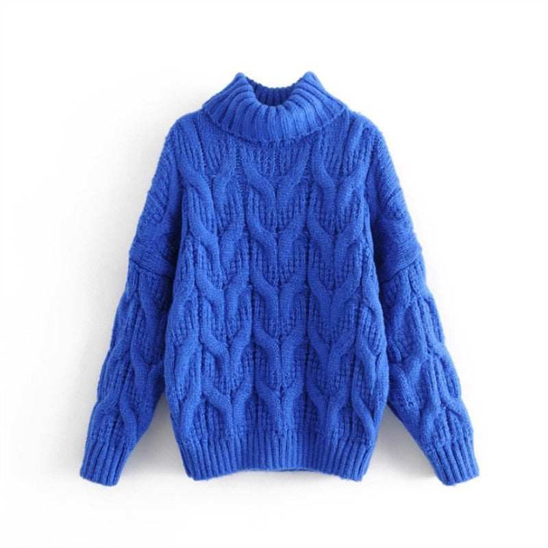 Women's chunky knit sweater with high collar and elegant cable pattern NOVAE