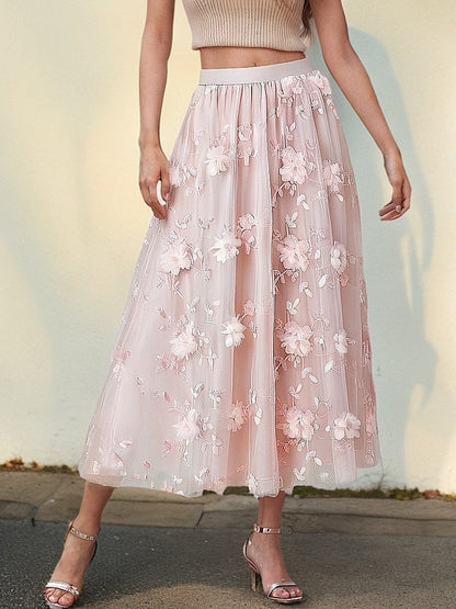 Women's Elegant Tulle Skirt with Floral Embroidery and Elastic Waistband NOVAE