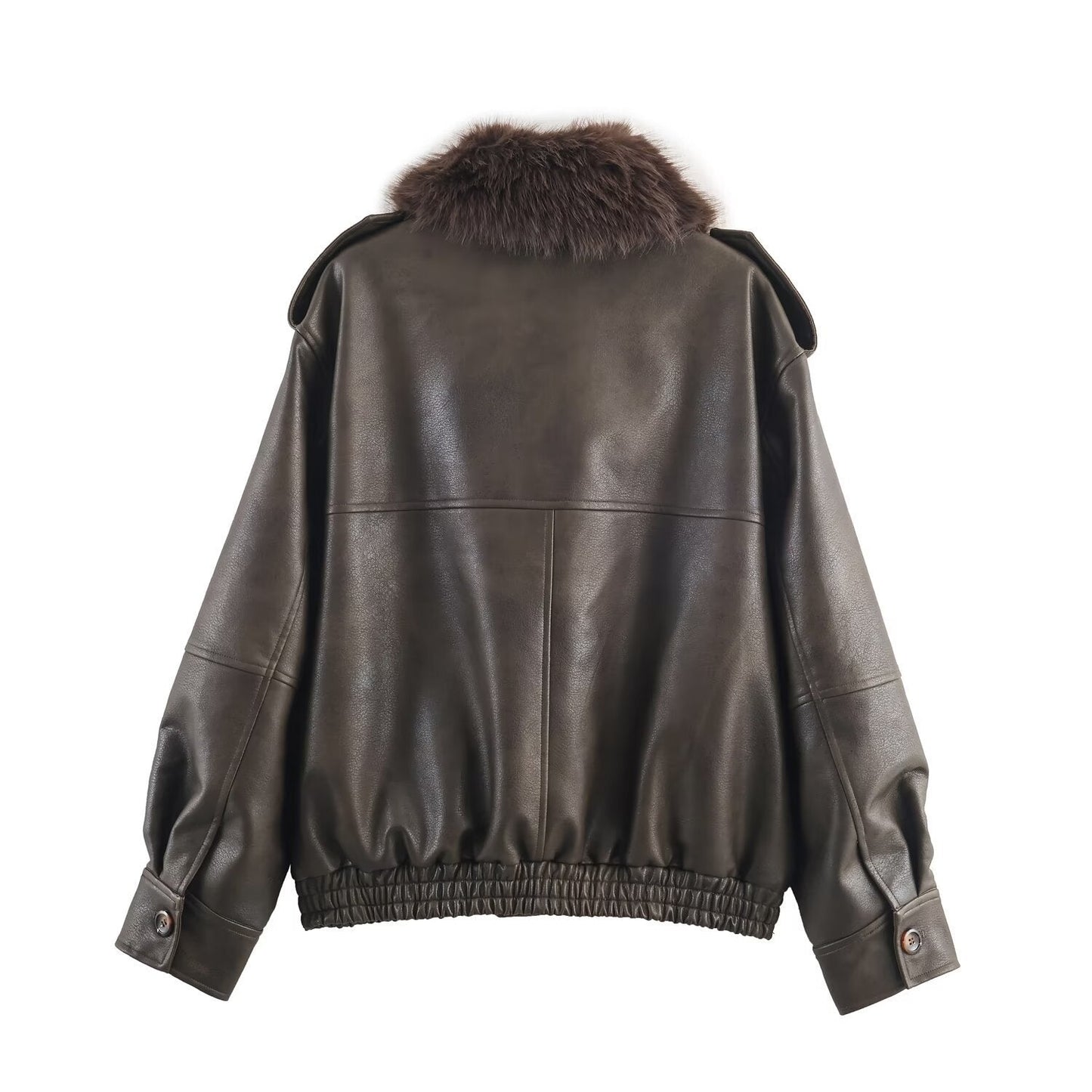 Women's elegant leather jacket with detachable faux fur collar and practical pockets NOVAE