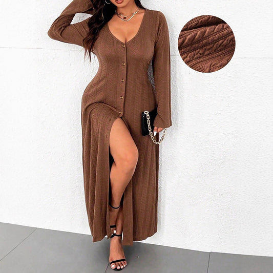 Women's maxi dress with button placket and elegant slit NOVAE