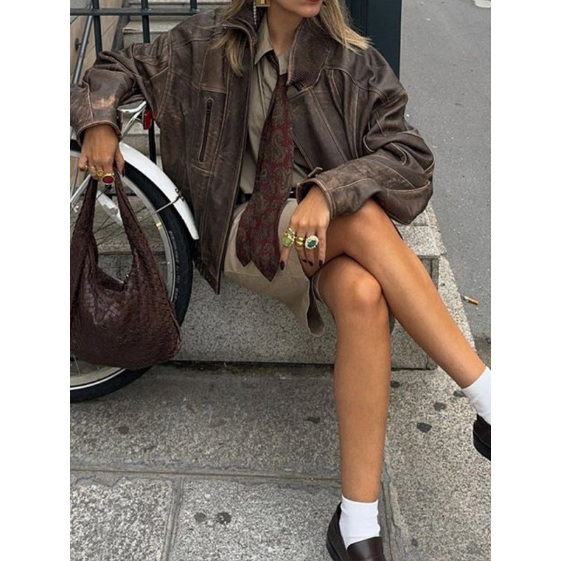 Women's Casual Vintage-Style Leather Jacket with Elastic Waistband NOVAE