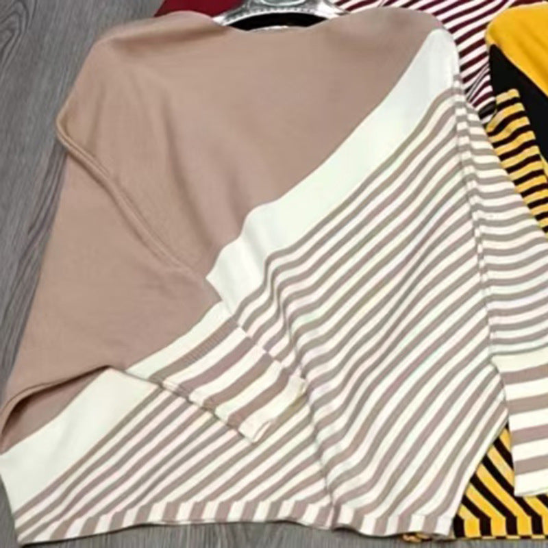 Women's fashionable knit sweater with asymmetrical cut and graphic stripe pattern NOVAE