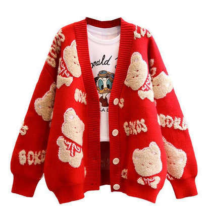 Women's Cozy Cardigan with Bear Motif NOVAE