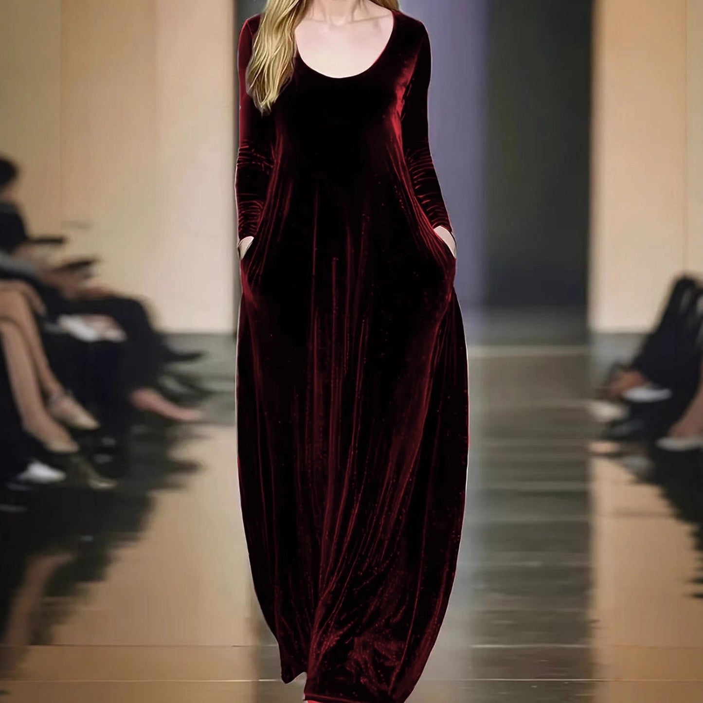 Women's maxi dress in velvety material with practical pockets NOVAE