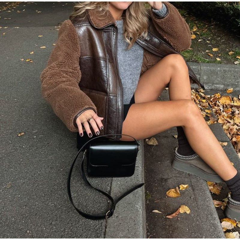 Women's faux fur leather jacket in an elegant oversized style NOVAE