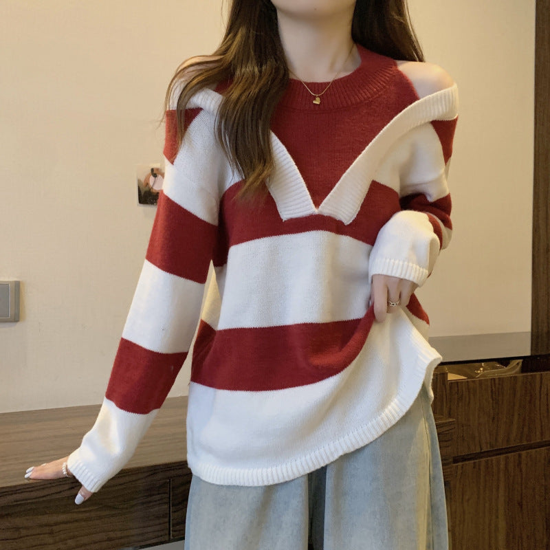 Women's V-neck oversized sweater with fashionable striped pattern and open shoulder design NOVAE