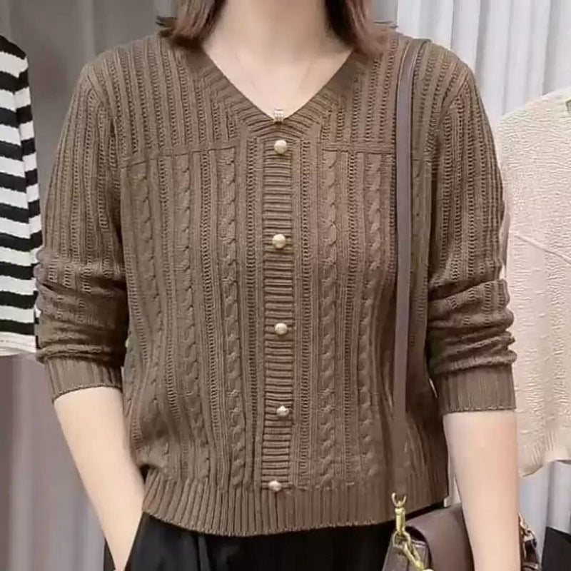 Women's cardigan with a fine cable knit pattern and elegant pearl buttons NOVAE