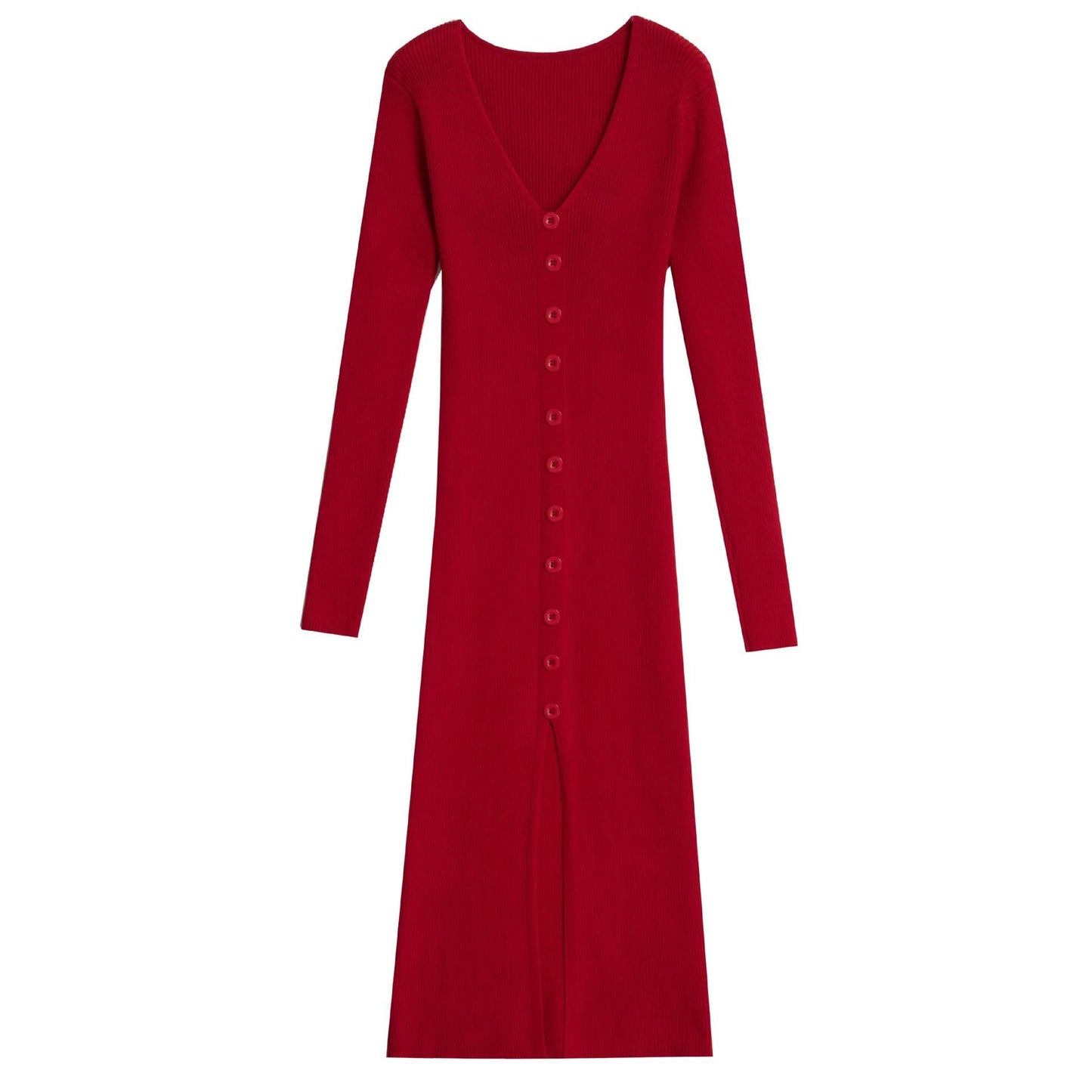 Women's Long-Sleeved Maxi Dress with Ribbed Texture and Button Detail NOVAE