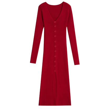 Women's Long-Sleeved Maxi Dress with Ribbed Texture and Button Detail NOVAE