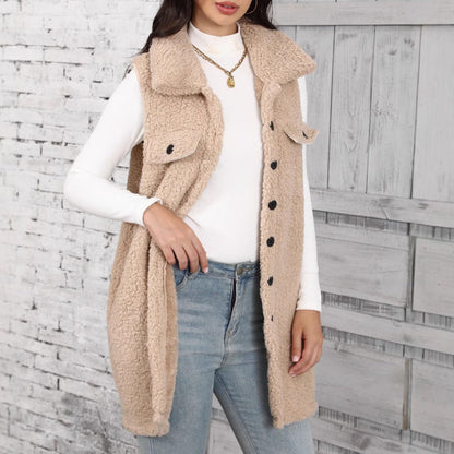Women's Cozy Plush Vest with Patch Pockets and Fashionable Collar NOVAE
