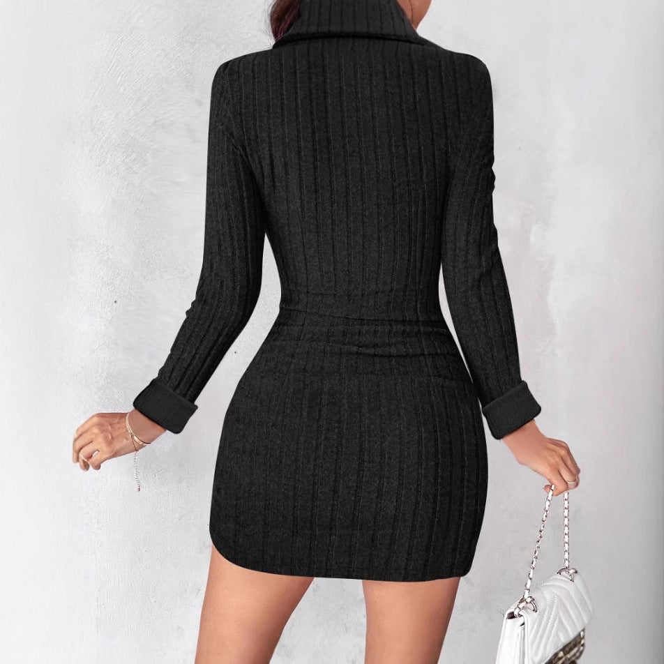 Women's knitted dress with V-neck and button details NOVAE