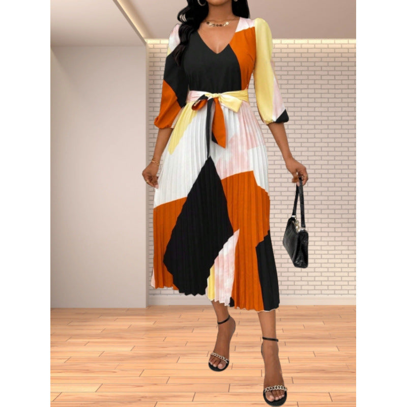 Women's pleated midi dress with V-neck and colorful pattern NOVAE