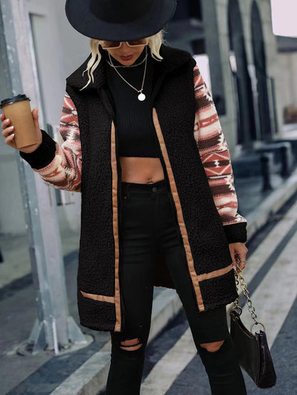 Women's fleece-lined long jacket with fashionable pattern and practical integrated pockets NOVAE