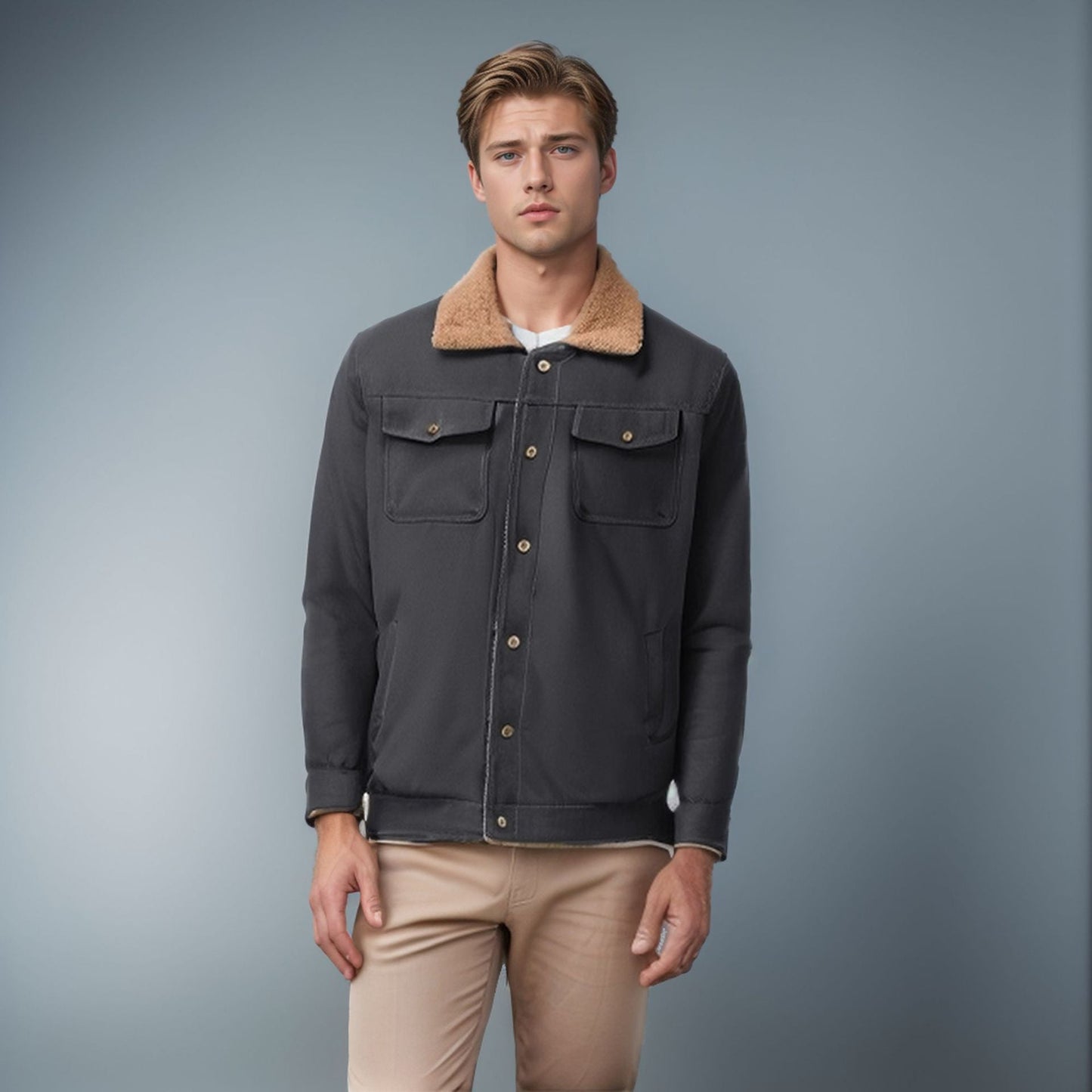 Men's casual jacket with faux fur collar and practical pockets NOVAE