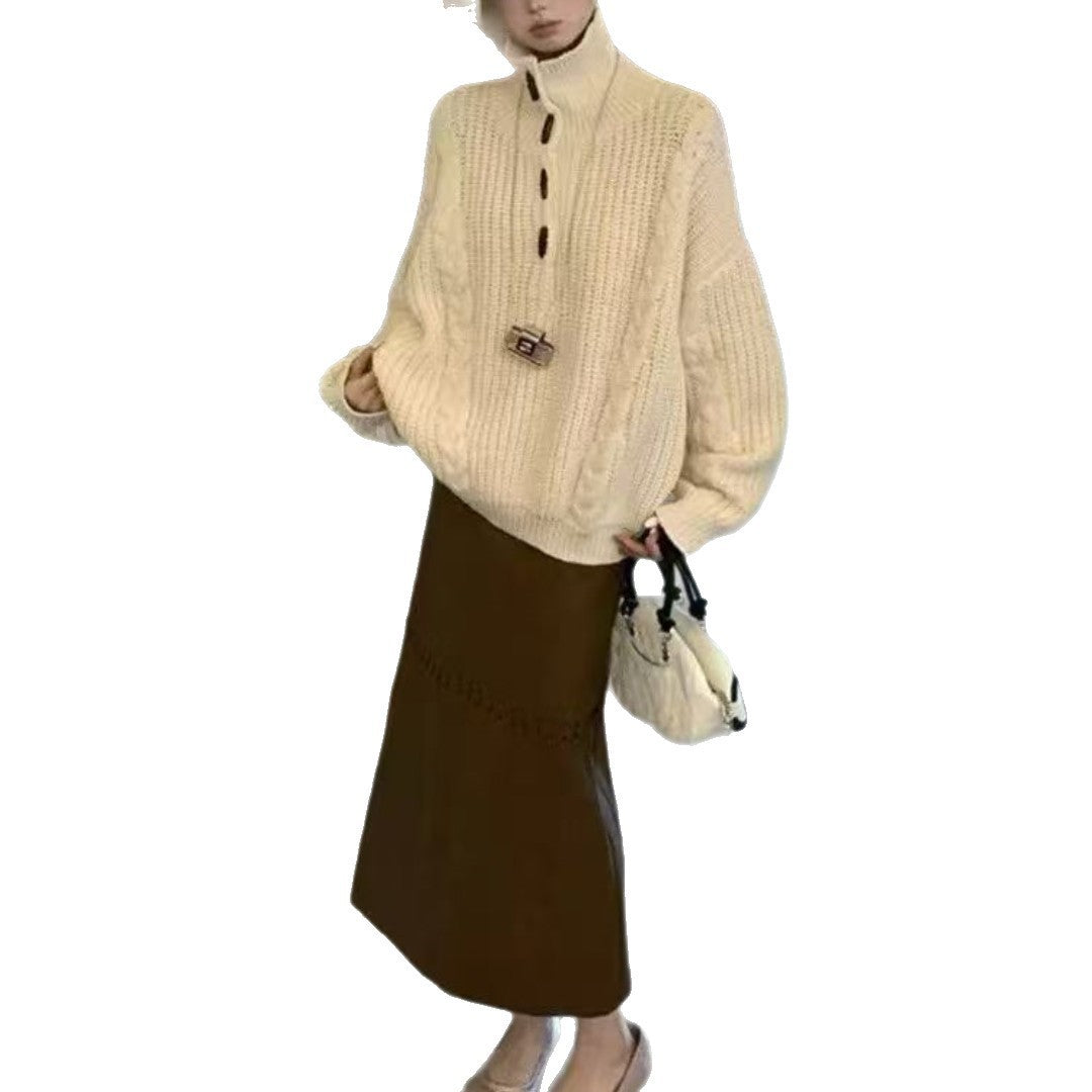 Women's chunky knit sweater with cable pattern and button details NOVAE