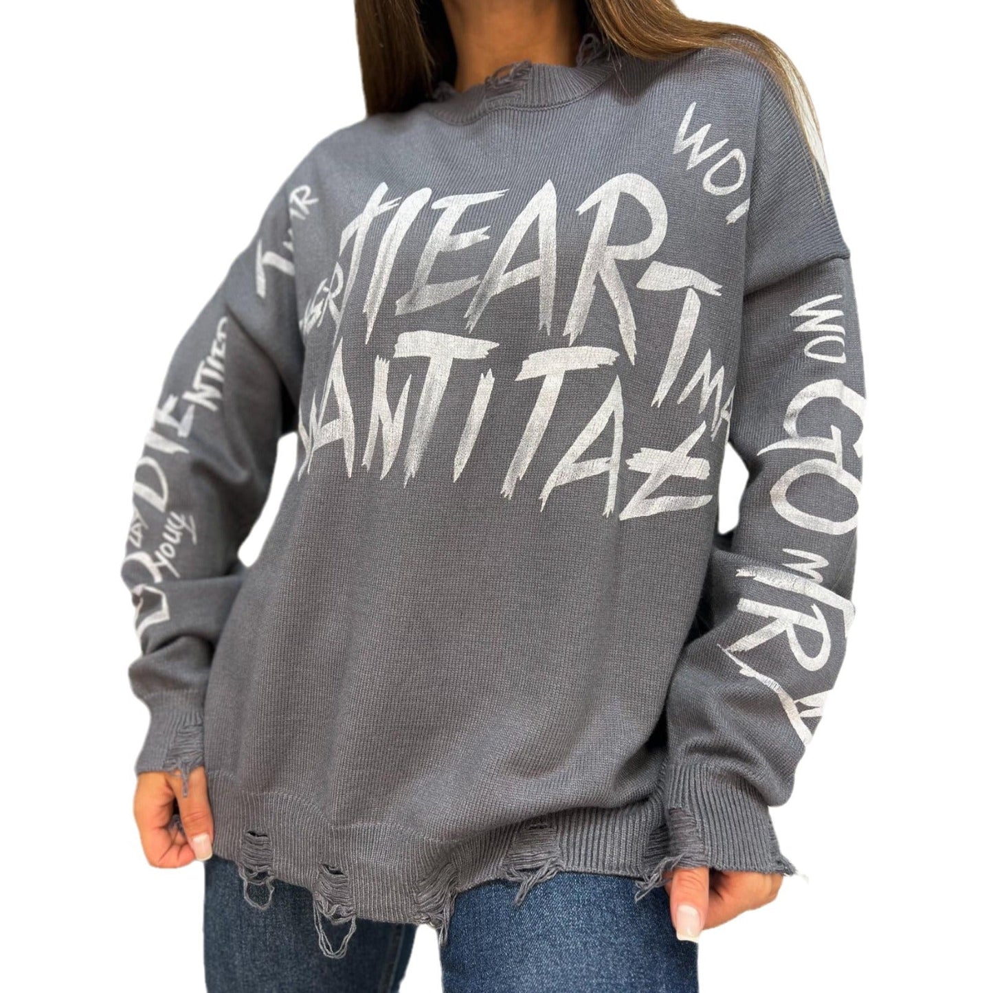 Women's oversized sweatshirt with creative lettering and fashionable ripped details NOVAE