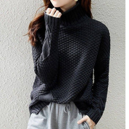 Women's chunky knit sweater with high collar and textured design NOVAE