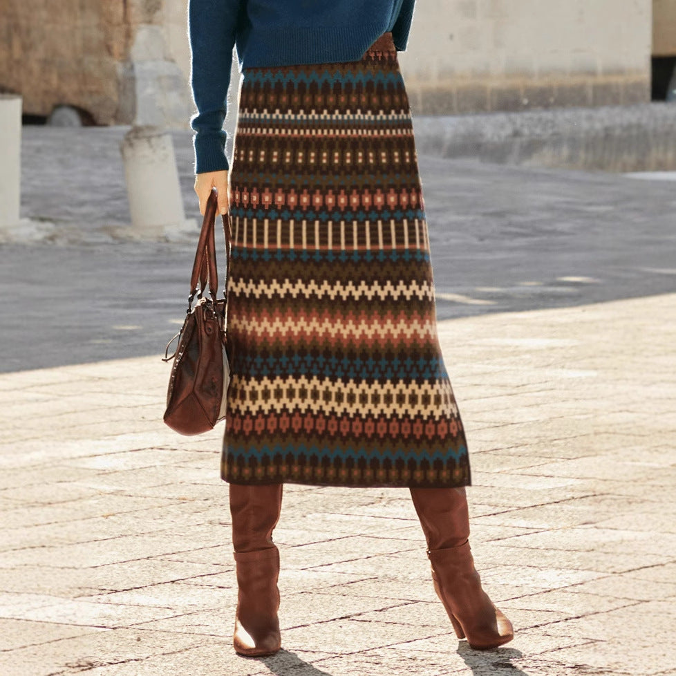 Women's maxi skirts with modern ethnic pattern and elastic waistband NOVAE
