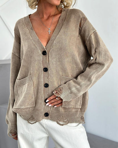 Women's casual oversized sweater with V-neck and pockets NOVAE