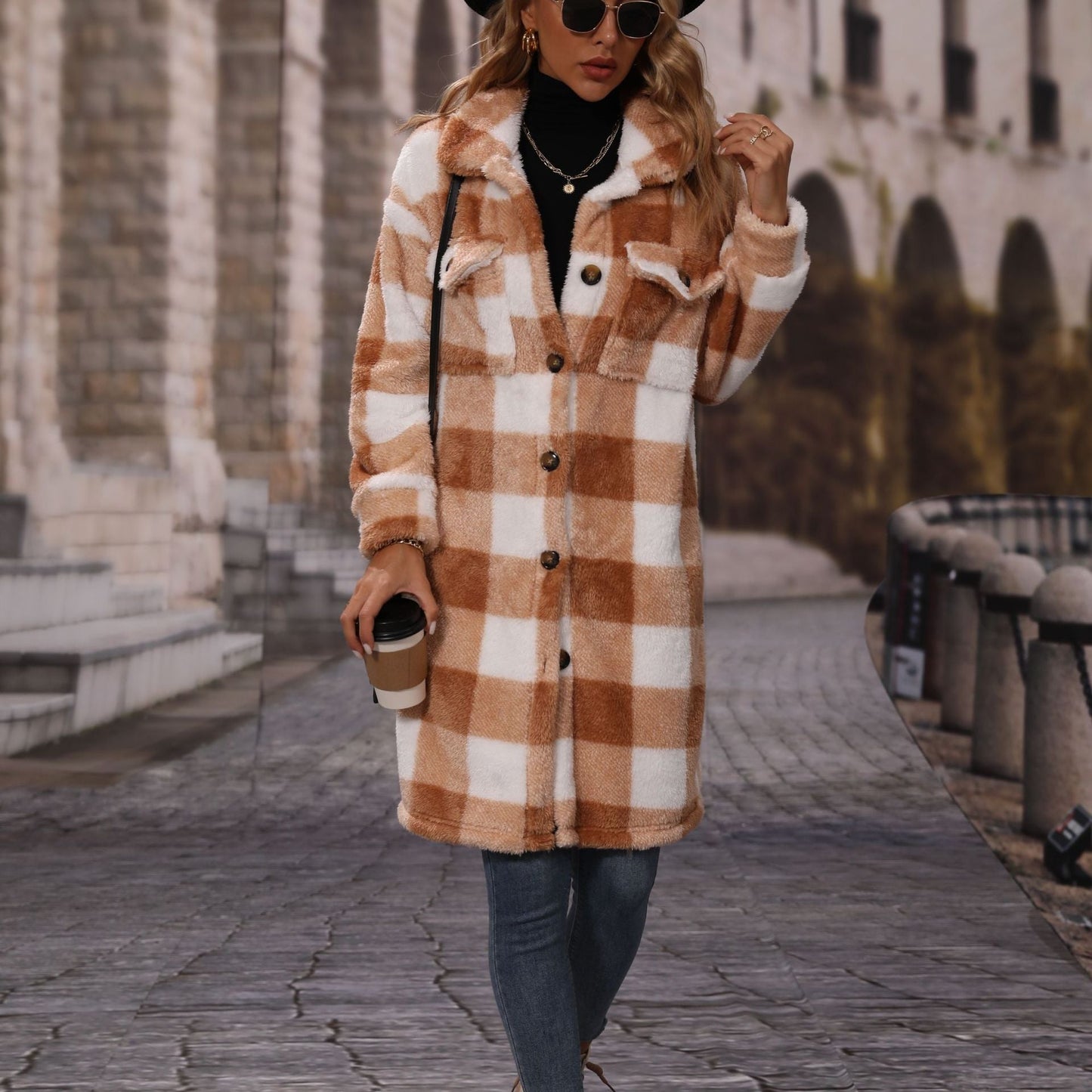 Women's plush winter jacket with checkered design and practical pockets NOVAE