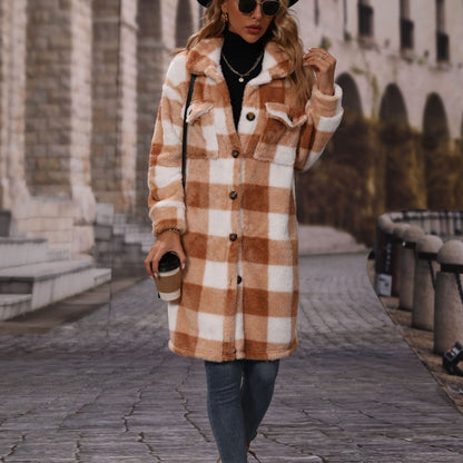 Women's plush winter jacket with checkered design and practical pockets NOVAE