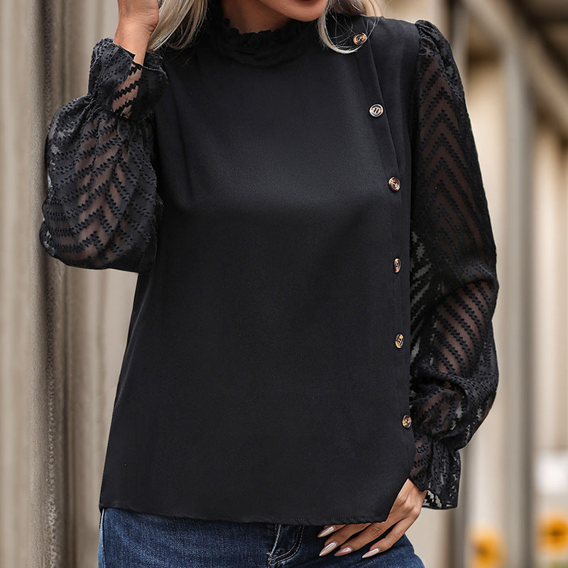Women's fashionable blouse shirt with ruffle details and button trim NOVAE
